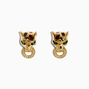 Signature 14K Yellow Gold Multi Sapphire and Diamond Panther Stud Earrings feature bold panther heads with vibrant gemstone eyes holding diamond-studded hoops, designed to add a striking touch to your style.