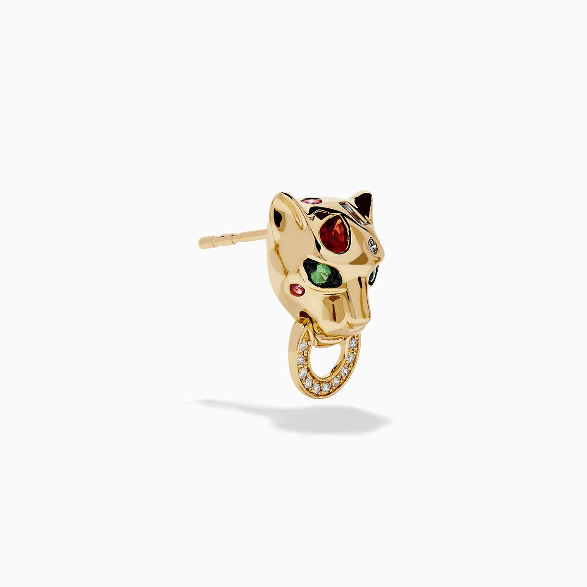 Signature 14K Yellow Gold Multi Sapphire and Diamond Panther Stud Earrings feature bold panther heads with vibrant gemstone eyes holding diamond-studded hoops, designed to add a striking touch to your style.