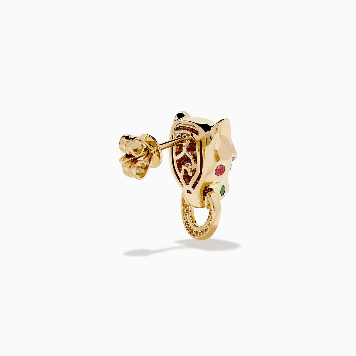 Signature 14K Yellow Gold Multi Sapphire and Diamond Panther Stud Earrings feature bold panther heads with vibrant gemstone eyes holding diamond-studded hoops, designed to add a striking touch to your style.