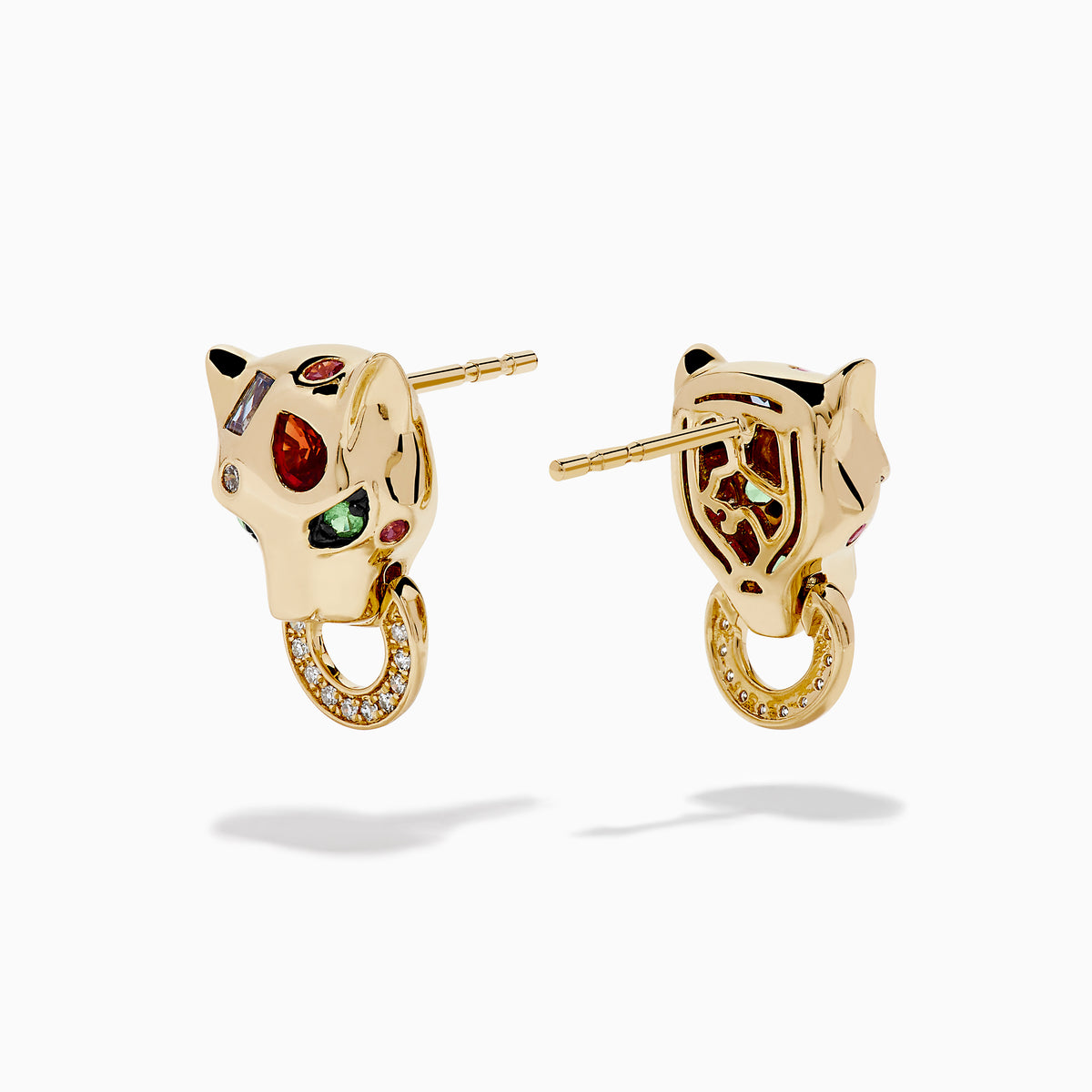 Signature 14K Yellow Gold Multi Sapphire and Diamond Panther Stud Earrings feature bold panther heads with vibrant gemstone eyes holding diamond-studded hoops, designed to add a striking touch to your style.