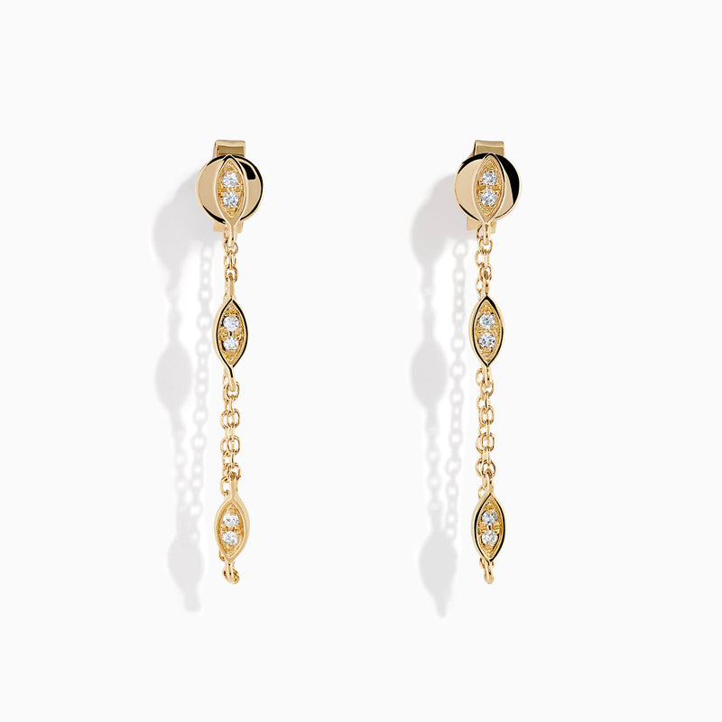14K Yellow Gold Diamond Marquise Station Chain Drop Earrings