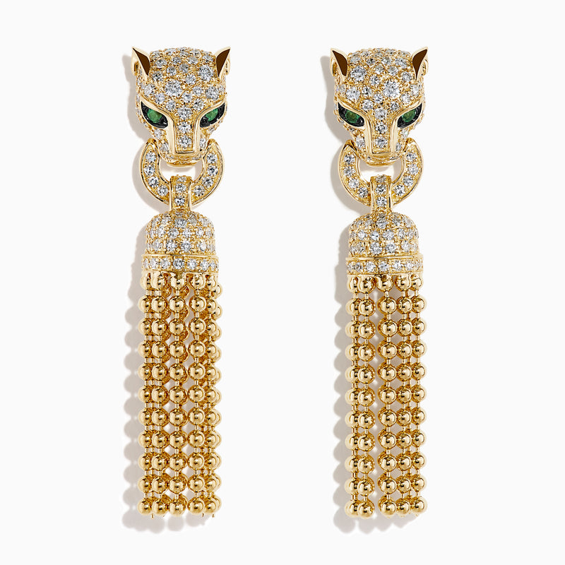 The Web Exclusive 14K Yellow Gold Diamond and Emerald Tassel Panther Earrings feature panther heads with sparkling diamonds, emerald eyes, and gold bead tassels for a bold statement.