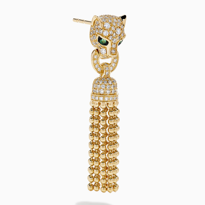 The Web Exclusive 14K Yellow Gold Diamond and Emerald Tassel Panther Earrings feature panther heads with sparkling diamonds, emerald eyes, and gold bead tassels for a bold statement.