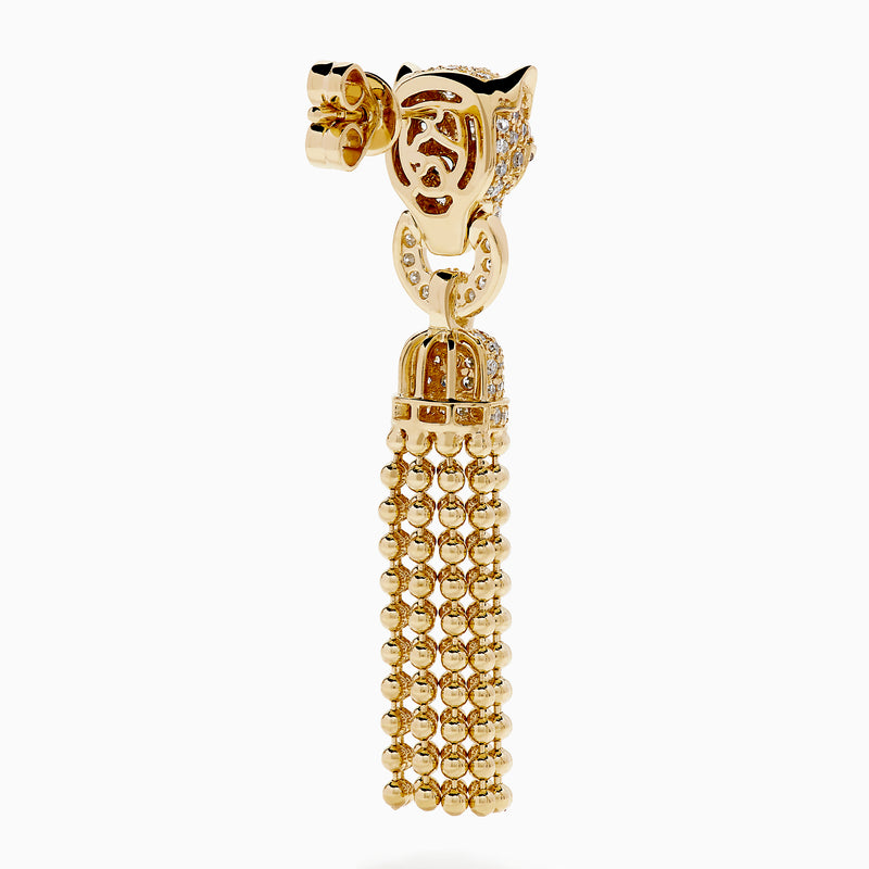 The Web Exclusive 14K Yellow Gold Diamond and Emerald Tassel Panther Earrings feature panther heads with sparkling diamonds, emerald eyes, and gold bead tassels for a bold statement.