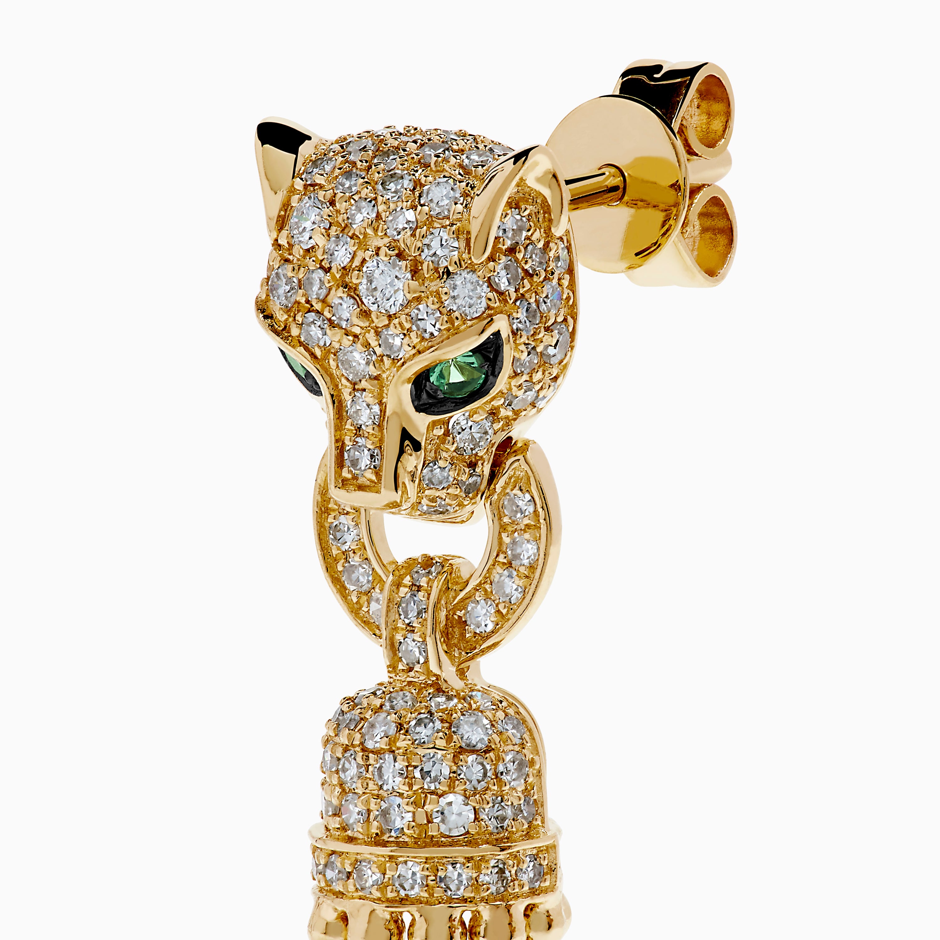 The Web Exclusive 14K Yellow Gold Diamond and Emerald Tassel Panther Earrings feature panther heads with sparkling diamonds, emerald eyes, and gold bead tassels for a bold statement.