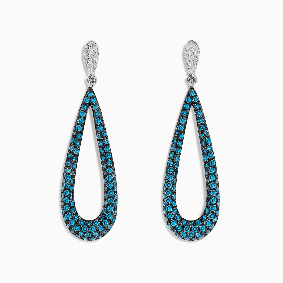 14K White Gold Blue and White Diamond Elongated Teardrop Pavé Earrings