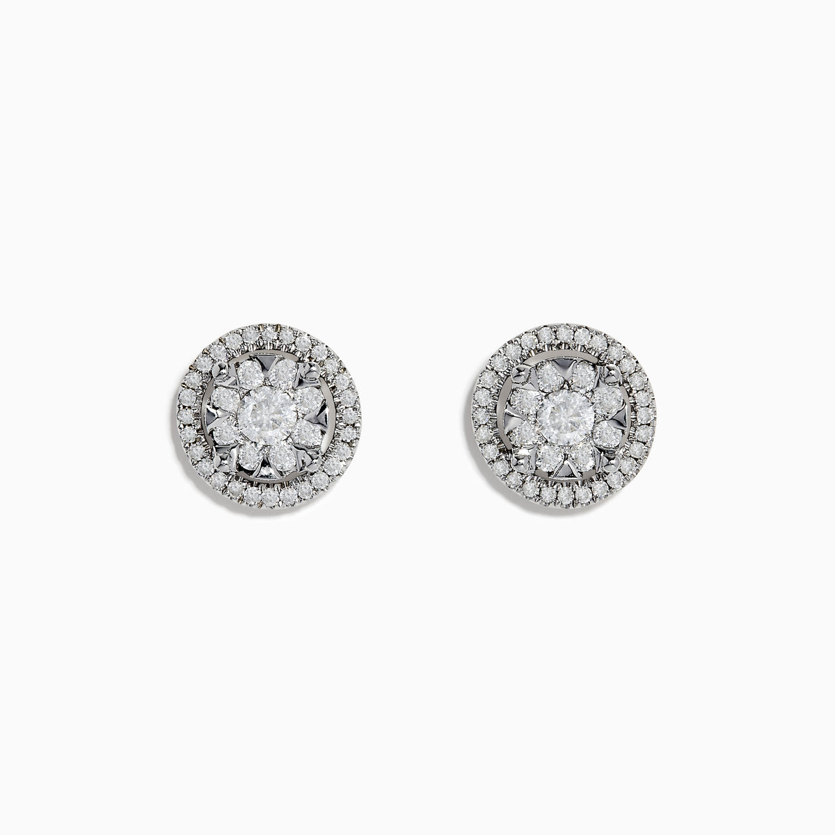 Bouquet 14k White Gold Diamond Cluster Stud Earrings feature a floral diamond center with a double halo of smaller diamonds, totaling 0.99 TCW, set in shimmering white gold.