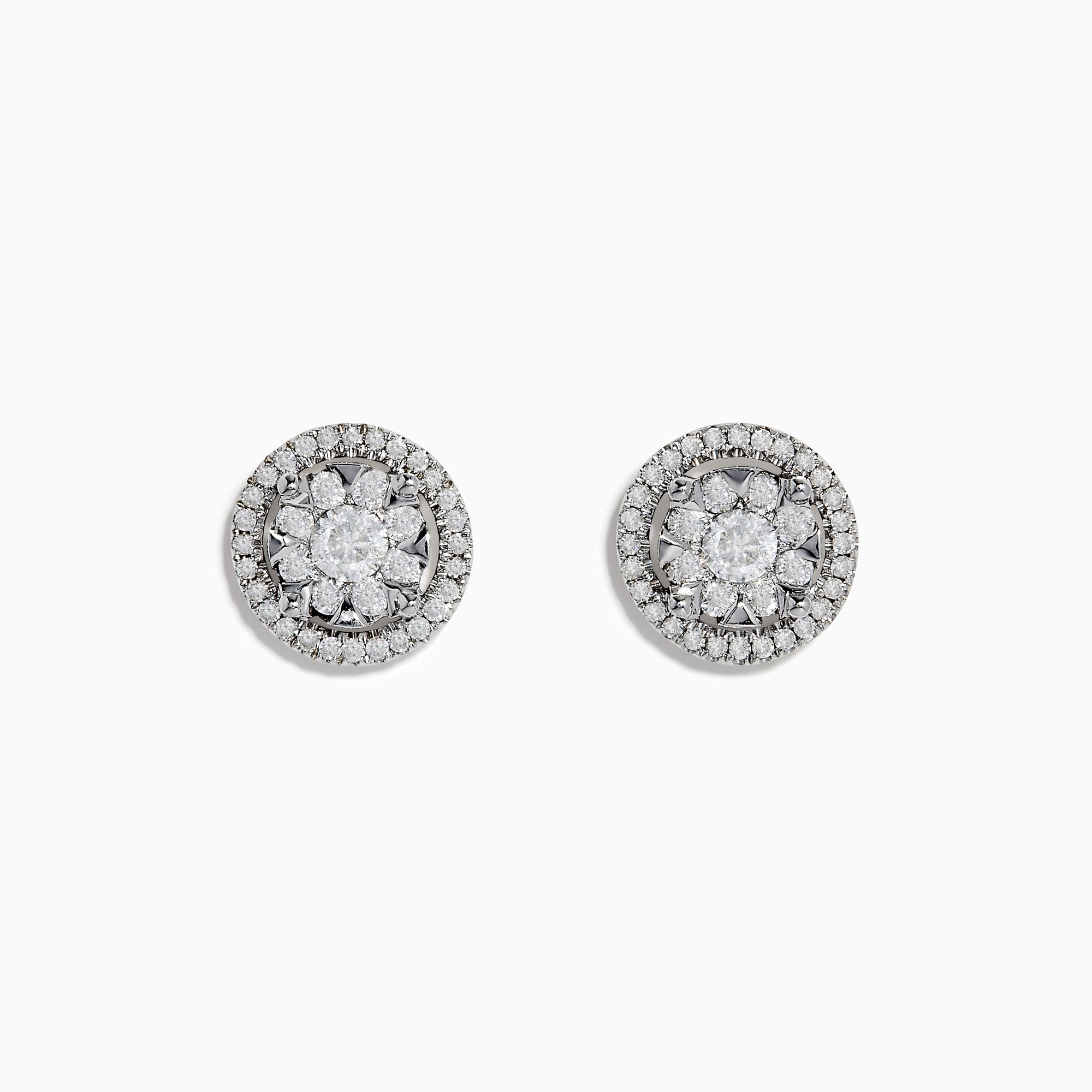 Bouquet 14k White Gold Diamond Cluster Stud Earrings feature a floral diamond center with a double halo of smaller diamonds, totaling 0.99 TCW, set in shimmering white gold.