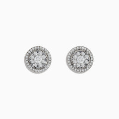Bouquet 14k White Gold Diamond Cluster Stud Earrings feature a floral diamond center with a double halo of smaller diamonds, totaling 0.99 TCW, set in shimmering white gold.