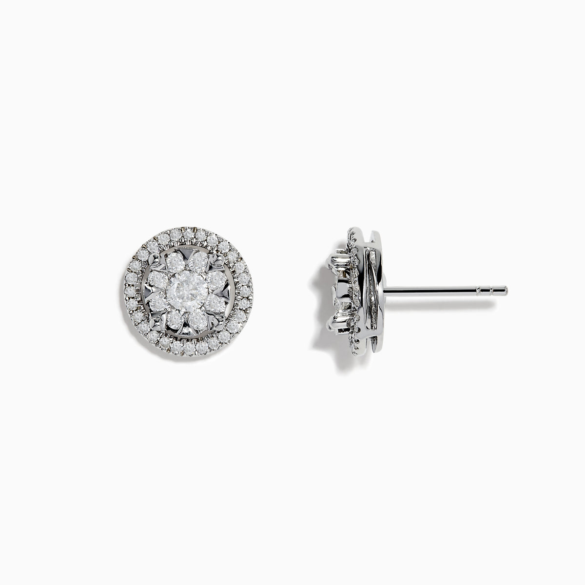 Bouquet 14k White Gold Diamond Cluster Stud Earrings feature a floral diamond center with a double halo of smaller diamonds, totaling 0.99 TCW, set in shimmering white gold.
