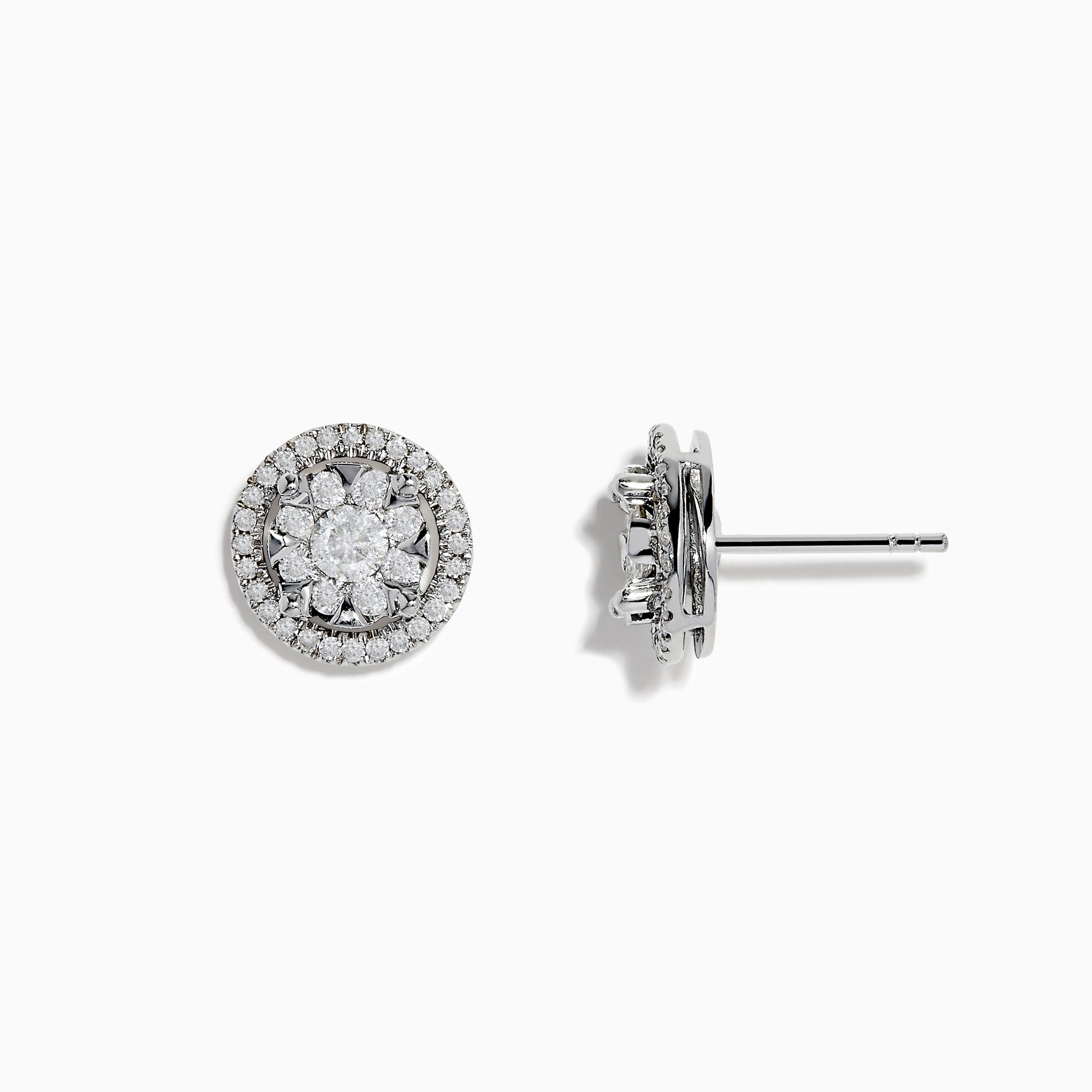Bouquet 14k White Gold Diamond Cluster Stud Earrings feature a floral diamond center with a double halo of smaller diamonds, totaling 0.99 TCW, set in shimmering white gold.