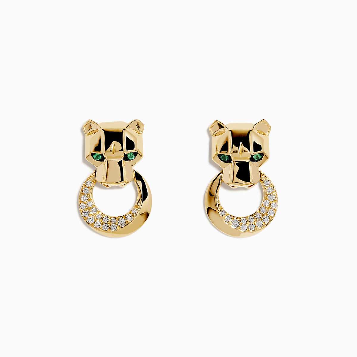 Signature 14K Yellow Gold Diamond and Emerald Panther Earrings featuring panther heads with emerald eyes, each holding a circular, diamond-encrusted hoop in their mouths, shown on a white background.