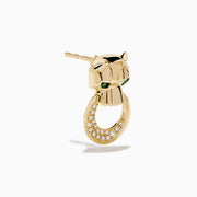 Signature 14K Yellow Gold Diamond and Emerald Panther Earrings featuring panther heads with emerald eyes, each holding a circular, diamond-encrusted hoop in their mouths, shown on a white background.