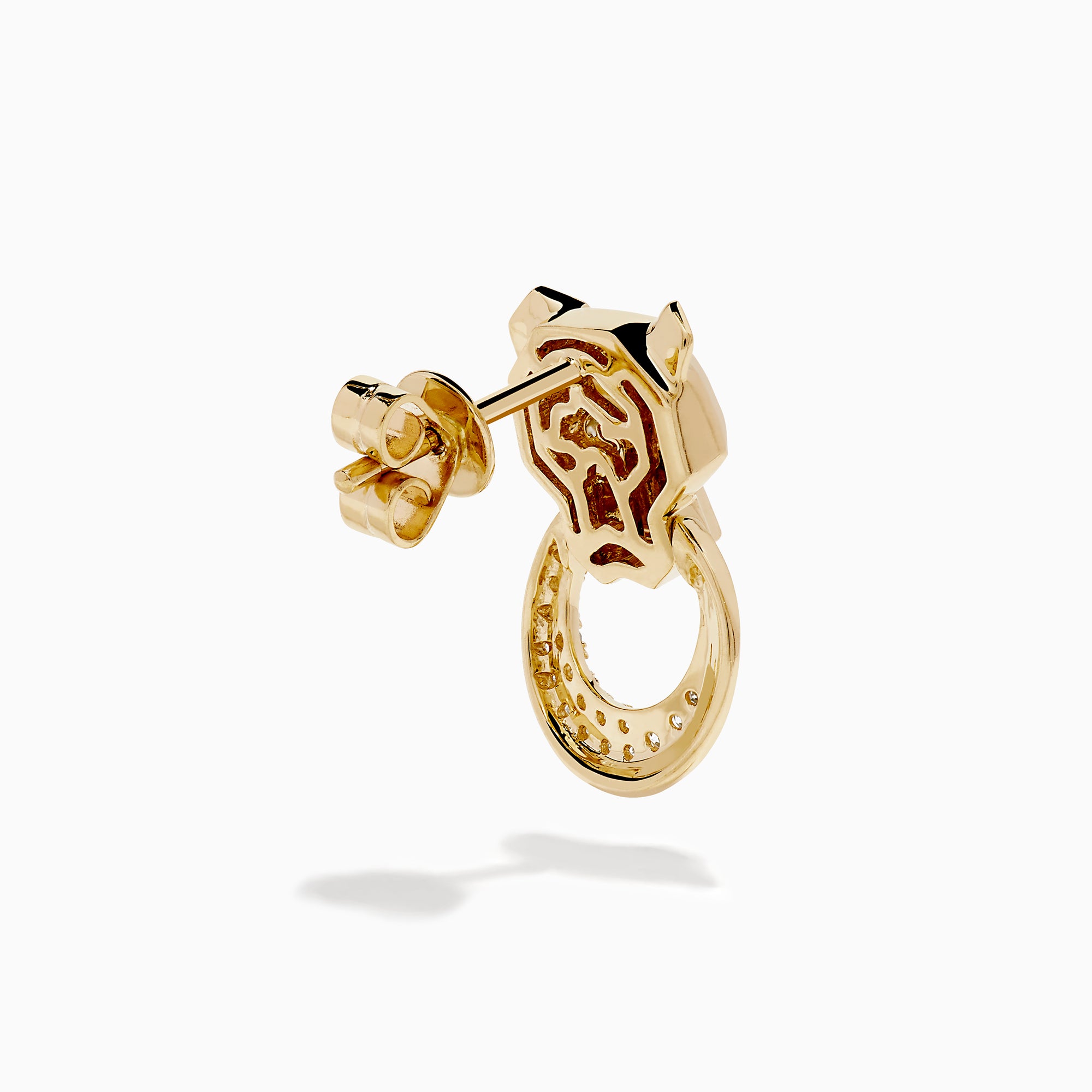 Signature 14K Yellow Gold Diamond and Emerald Panther Earrings featuring panther heads with emerald eyes, each holding a circular, diamond-encrusted hoop in their mouths, shown on a white background.