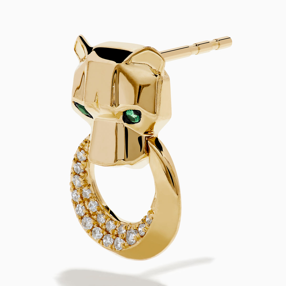 Signature 14K Yellow Gold Diamond and Emerald Panther Earrings featuring panther heads with emerald eyes, each holding a circular, diamond-encrusted hoop in their mouths, shown on a white background.