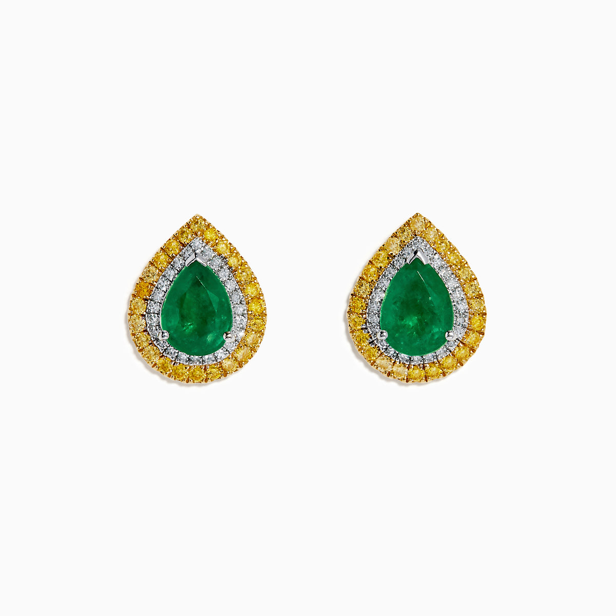 These 14K two tone gold emerald double halo earrings feature white and yellow diamonds in a teardrop design, elegantly displayed against a plain white background.