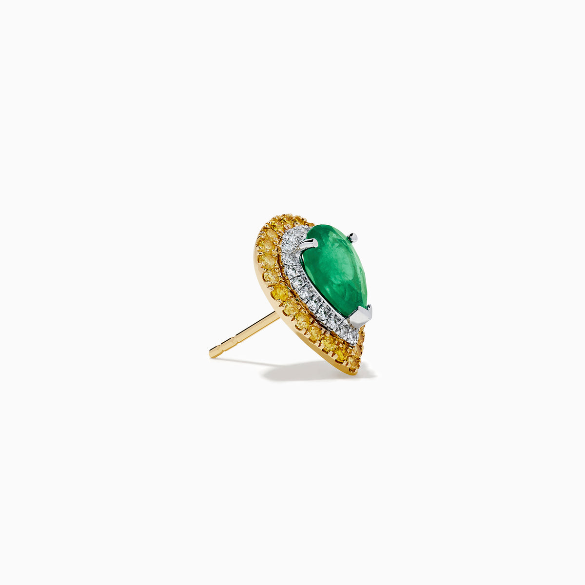 These 14K two tone gold emerald double halo earrings feature white and yellow diamonds in a teardrop design, elegantly displayed against a plain white background.