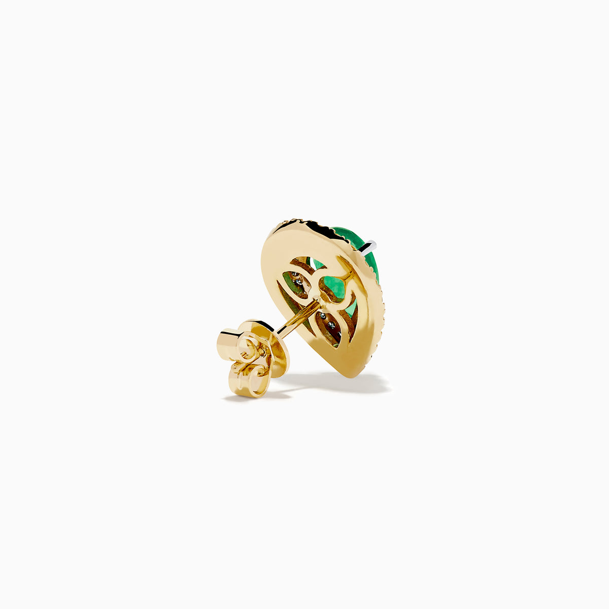 These 14K two tone gold emerald double halo earrings feature white and yellow diamonds in a teardrop design, elegantly displayed against a plain white background.