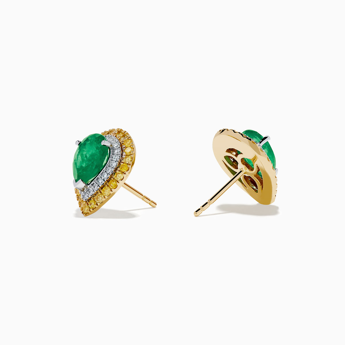 These 14K two tone gold emerald double halo earrings feature white and yellow diamonds in a teardrop design, elegantly displayed against a plain white background.