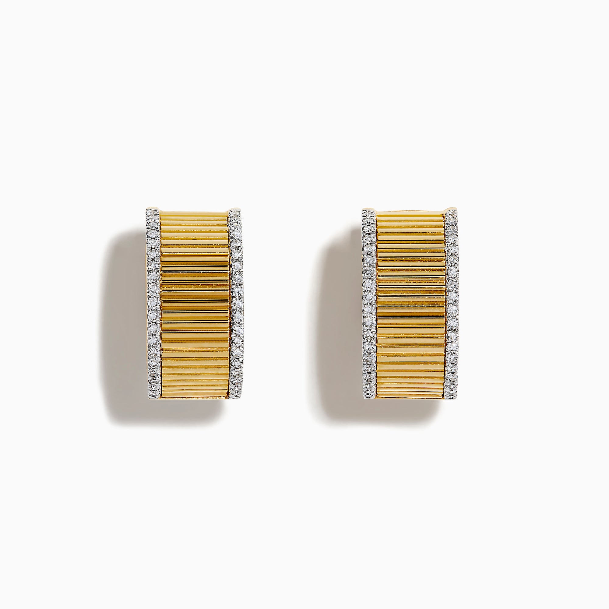 The D'Oro 14K Yellow Gold Diamond Hoop Earrings feature a ribbed texture with a border of small white diamonds, displayed against a white background.