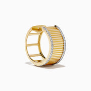 The D'Oro 14K Yellow Gold Diamond Hoop Earrings feature a ribbed texture with a border of small white diamonds, displayed against a white background.