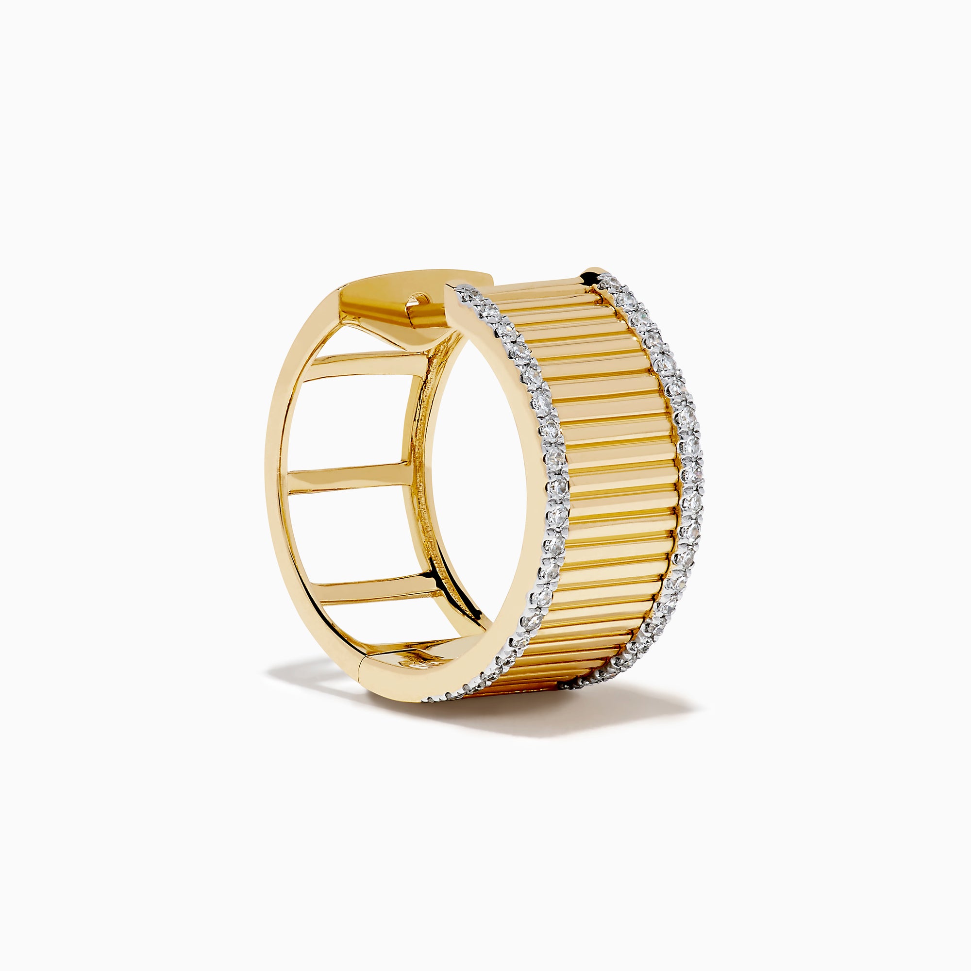 The D'Oro 14K Yellow Gold Diamond Hoop Earrings feature a ribbed texture with a border of small white diamonds, displayed against a white background.