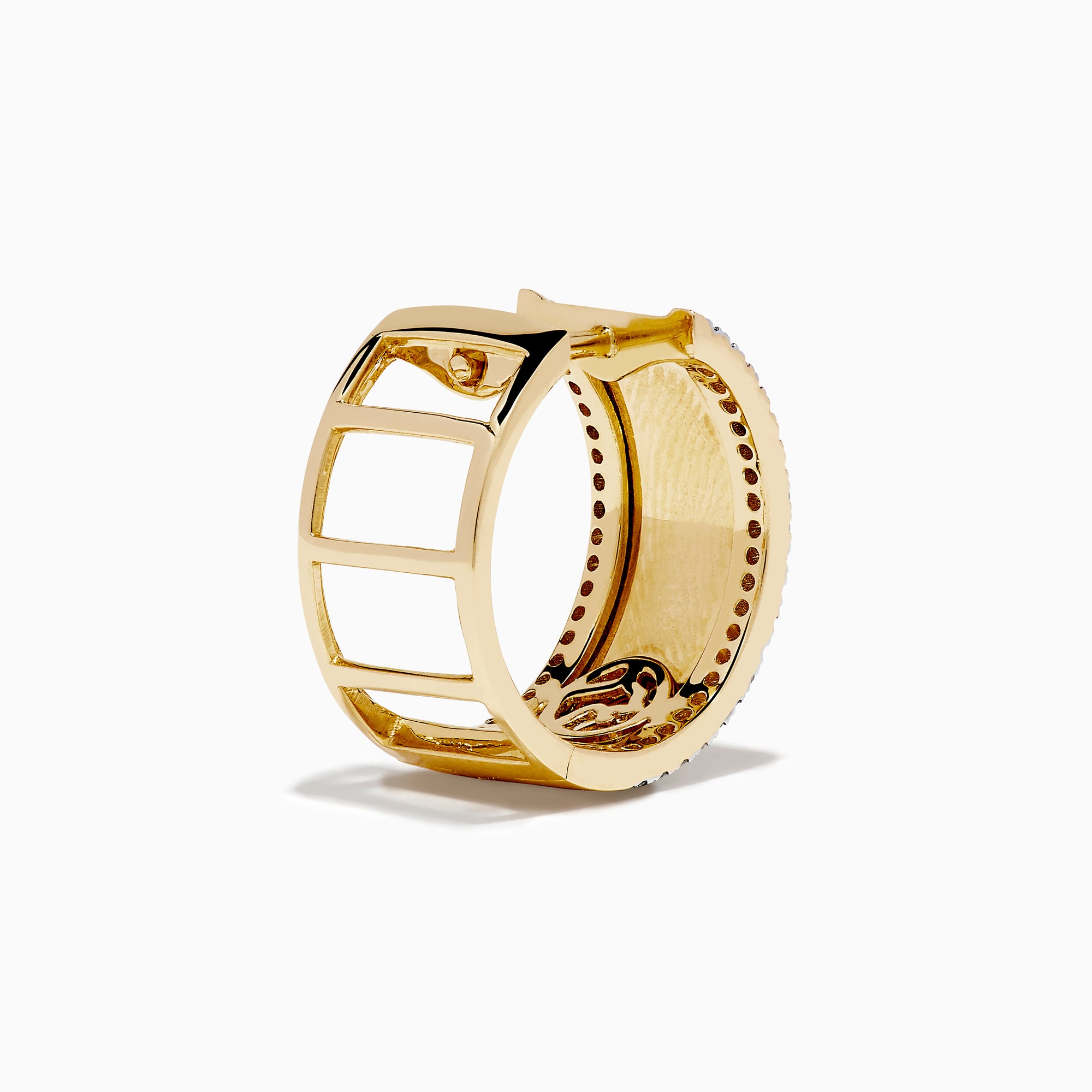 The D'Oro 14K Yellow Gold Diamond Hoop Earrings feature a ribbed texture with a border of small white diamonds, displayed against a white background.
