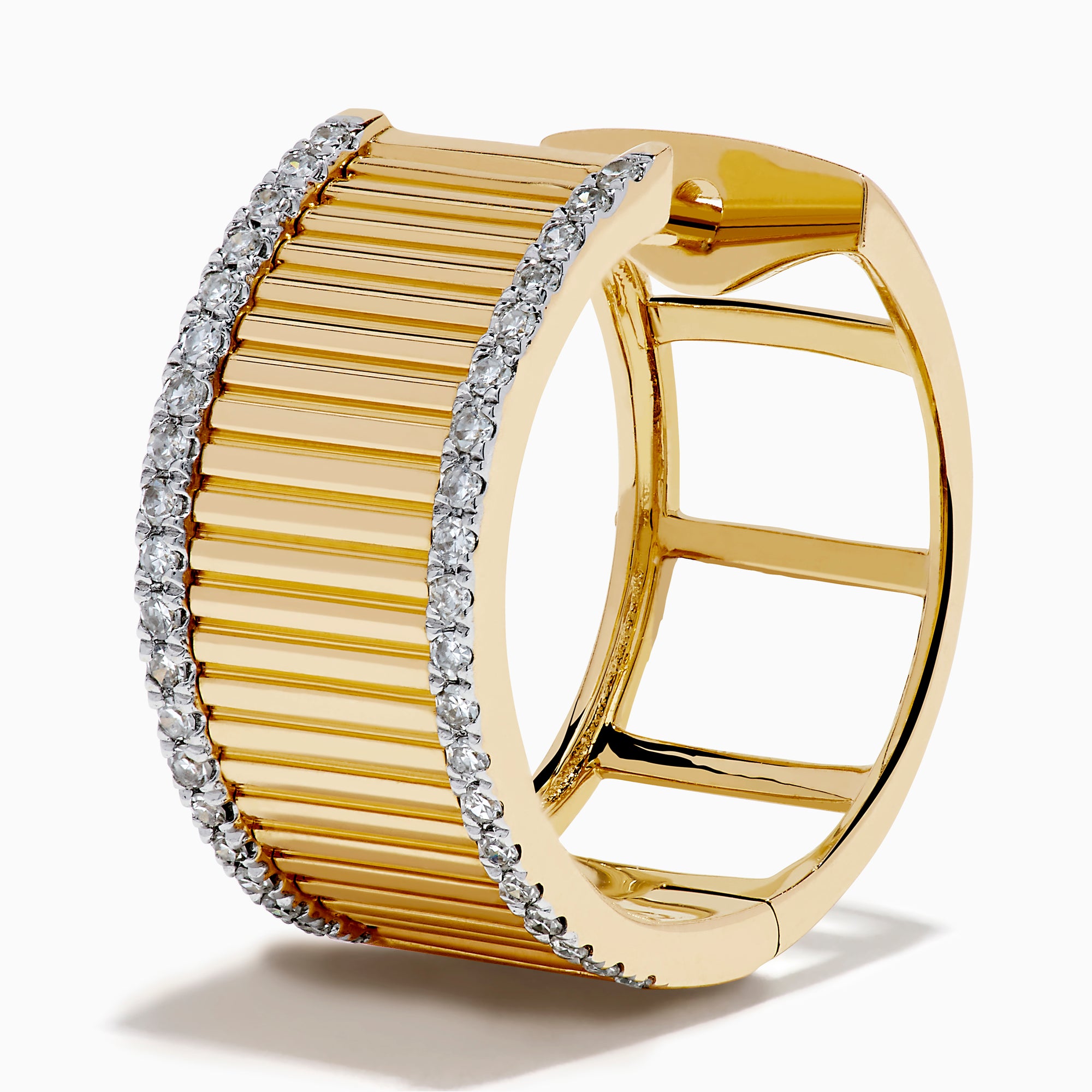 The D'Oro 14K Yellow Gold Diamond Hoop Earrings feature a ribbed texture with a border of small white diamonds, displayed against a white background.