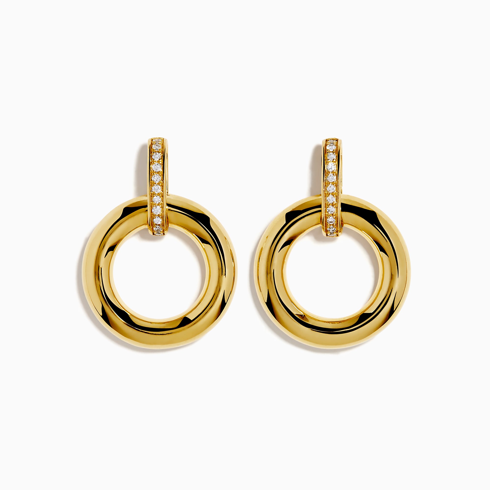 The 14K Yellow Gold Diamond Accented Circle Drop Earrings feature circular hoops with diamond accents on the upper bar, shown against a white background.