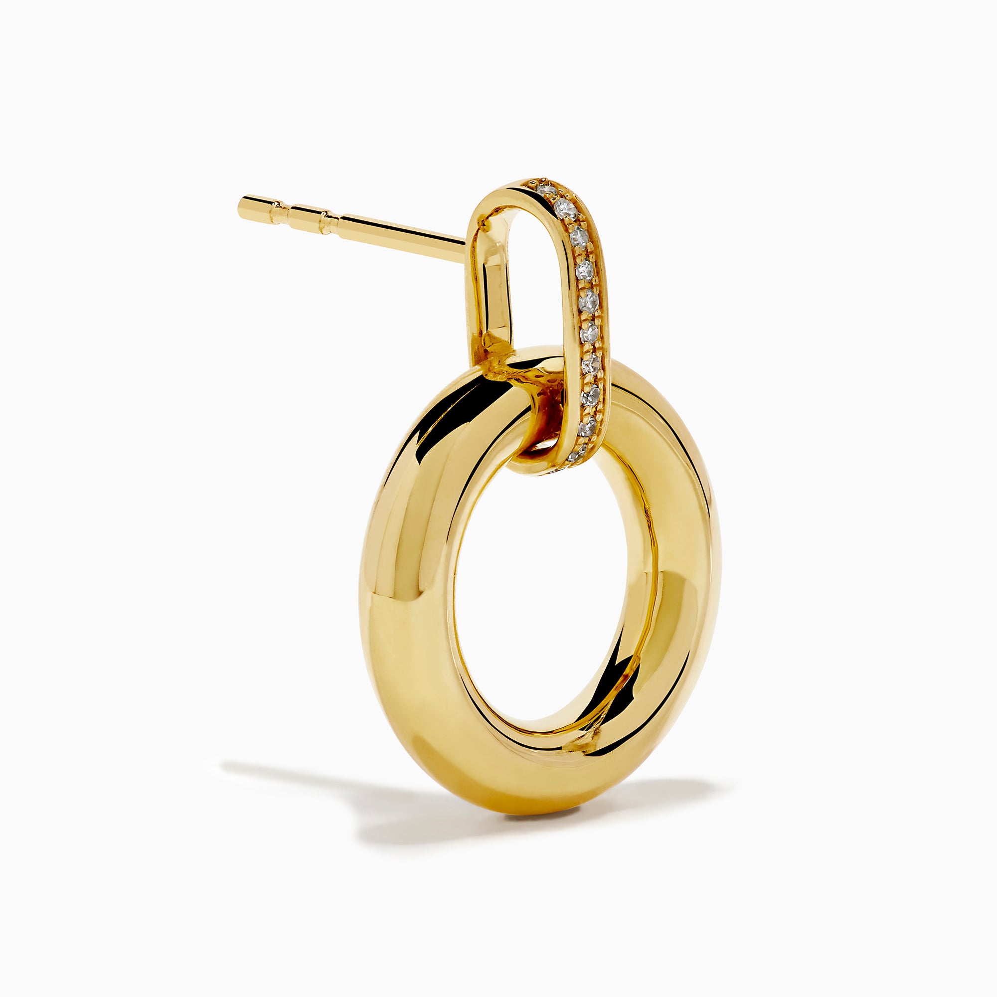 The 14K Yellow Gold Diamond Accented Circle Drop Earrings feature circular hoops with diamond accents on the upper bar, shown against a white background.