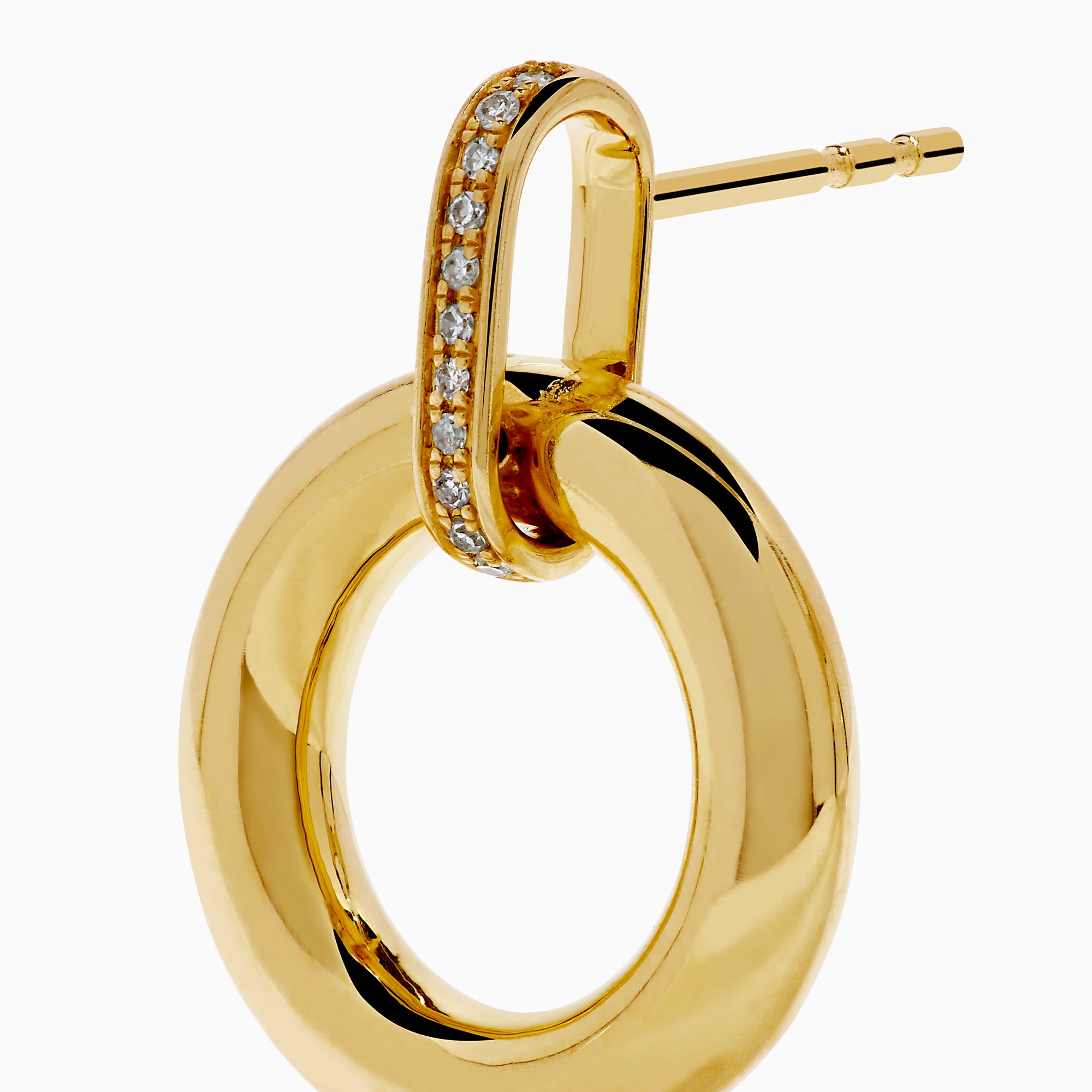 The 14K Yellow Gold Diamond Accented Circle Drop Earrings feature circular hoops with diamond accents on the upper bar, shown against a white background.