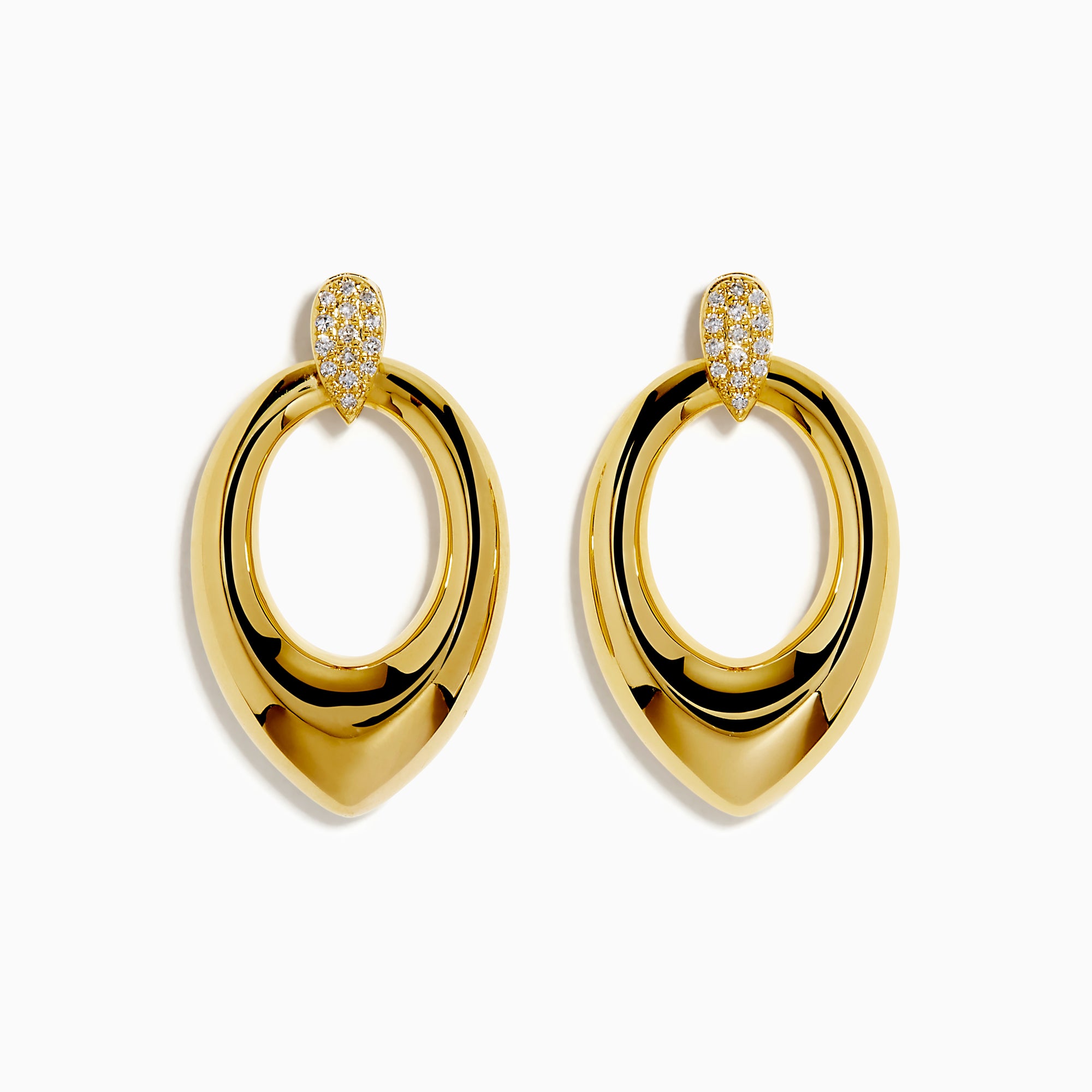 The 14K Yellow Gold Sculptural Diamond Accented Drop Earrings feature a teardrop outline and diamond accents at the top where they attach to the ear.