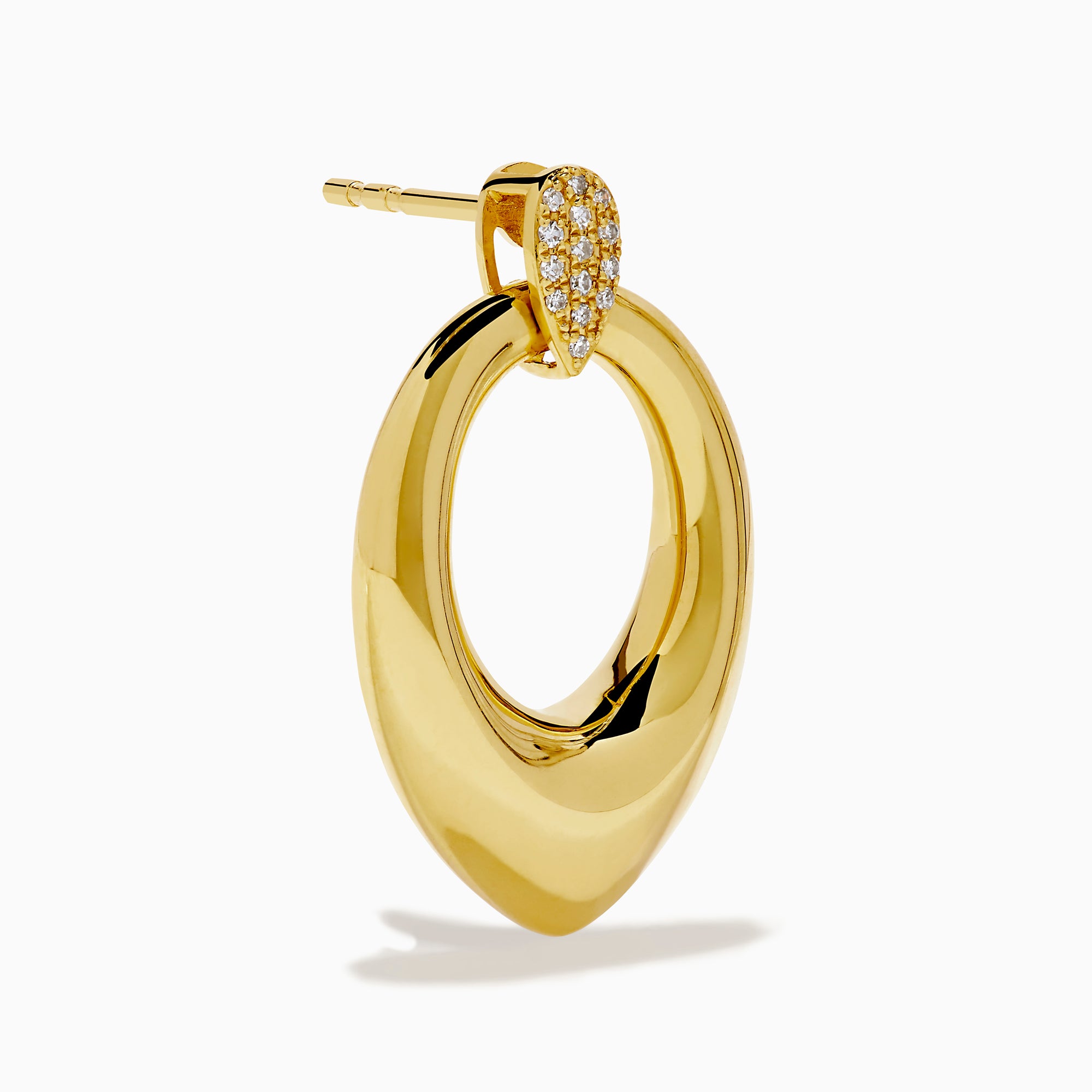 The 14K Yellow Gold Sculptural Diamond Accented Drop Earrings feature a teardrop outline and diamond accents at the top where they attach to the ear.