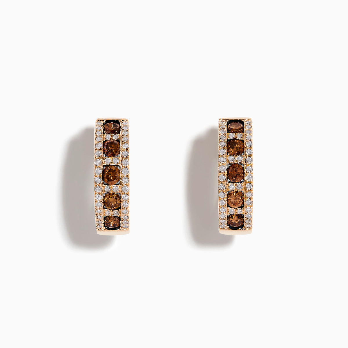 The 14K Rose Gold Brown and White Diamond Hoop Earrings feature a row of round brown and white diamonds in the center, bordered by small clear stones on each side, displayed against a white background.