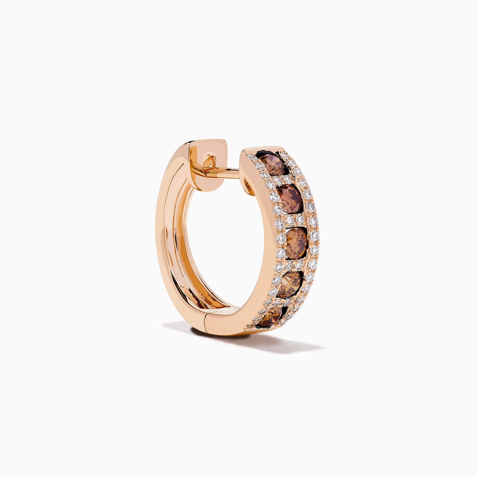 The 14K Rose Gold Brown and White Diamond Hoop Earrings feature a row of round brown and white diamonds in the center, bordered by small clear stones on each side, displayed against a white background.