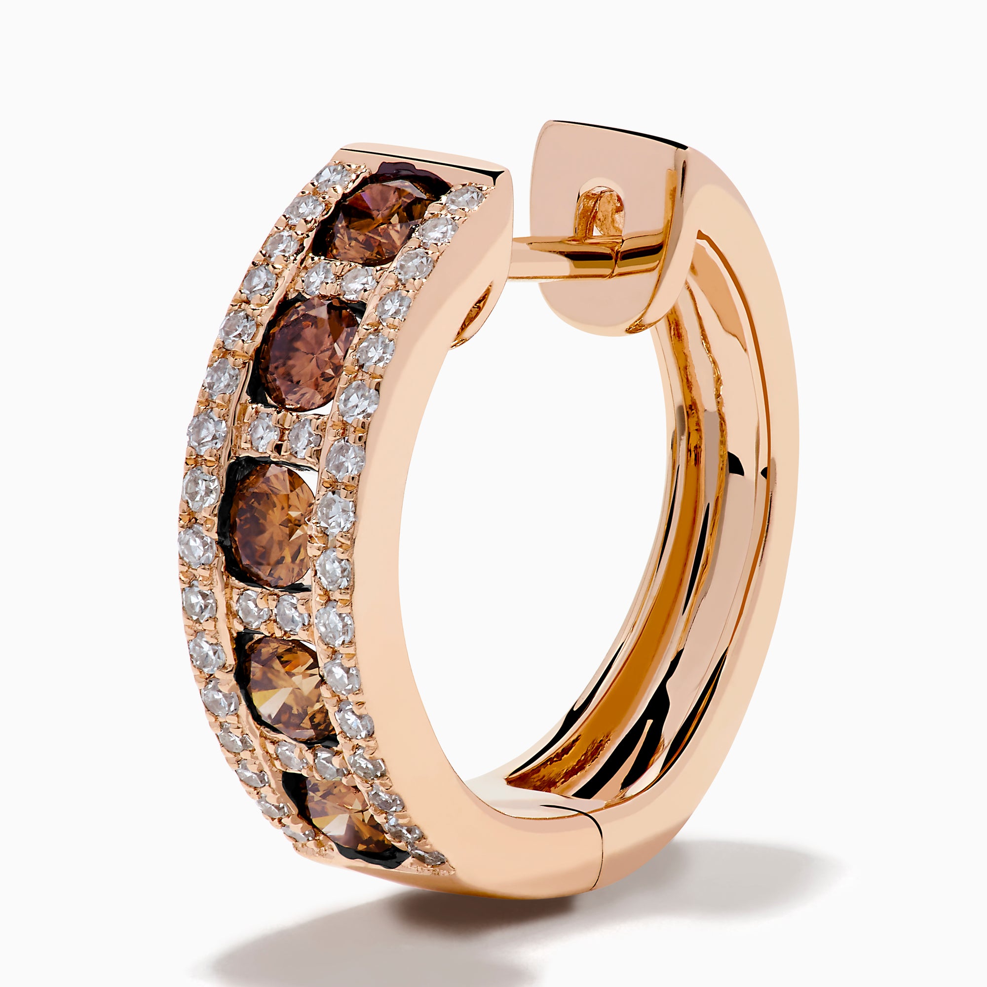 The 14K Rose Gold Brown and White Diamond Hoop Earrings feature a row of round brown and white diamonds in the center, bordered by small clear stones on each side, displayed against a white background.