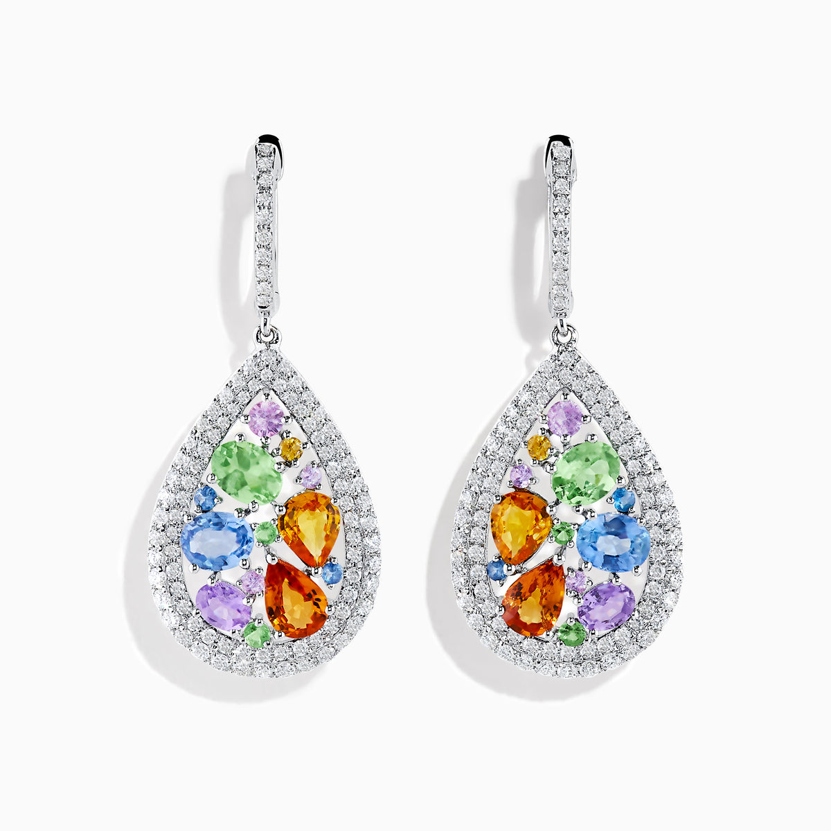 The Watercolors 14K White Gold Multi Sapphire and Diamond Earrings feature teardrop shapes bordered with diamonds, showcasing orange, purple, blue, and green sapphires in a silver-toned setting with diamond-studded hooks.