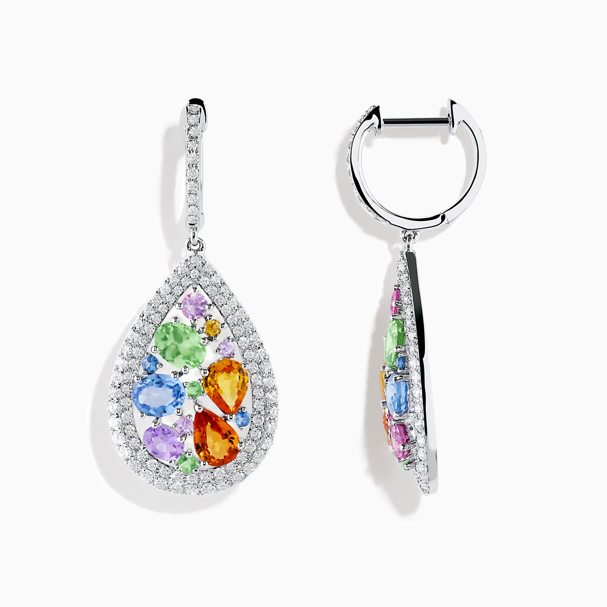The Watercolors 14K White Gold Multi Sapphire and Diamond Earrings feature teardrop shapes bordered with diamonds, showcasing orange, purple, blue, and green sapphires in a silver-toned setting with diamond-studded hooks.