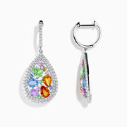 The Watercolors 14K White Gold Multi Sapphire and Diamond Earrings feature teardrop shapes bordered with diamonds, showcasing orange, purple, blue, and green sapphires in a silver-toned setting with diamond-studded hooks.