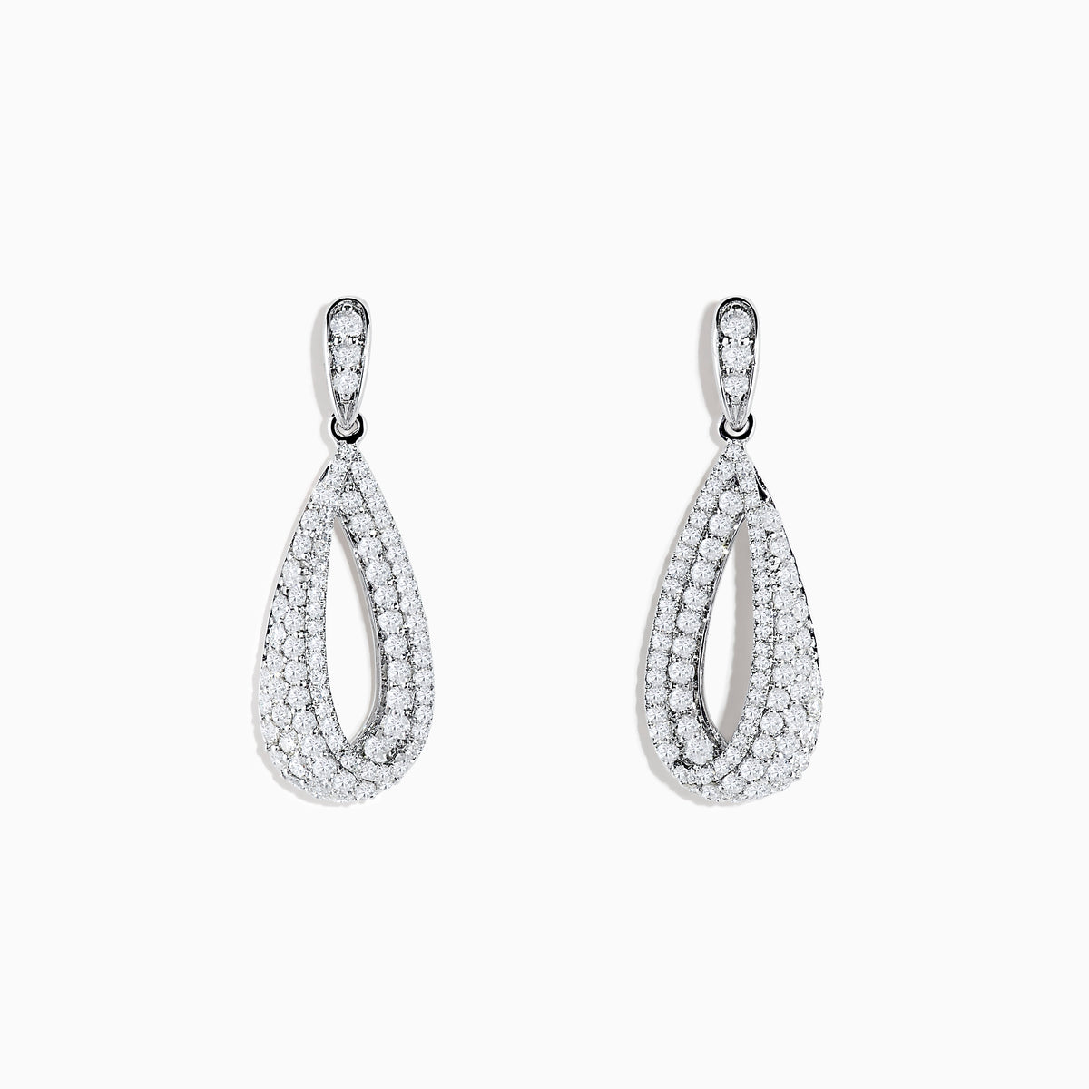 The Pave Classica 14K White Gold Diamond Drop Earrings feature elegant, teardrop-shaped drops encrusted with sparkling white diamonds, set in polished 14K white gold and displayed against a plain white background.