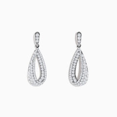 The Pave Classica 14K White Gold Diamond Drop Earrings feature elegant, teardrop-shaped drops encrusted with sparkling white diamonds, set in polished 14K white gold and displayed against a plain white background.