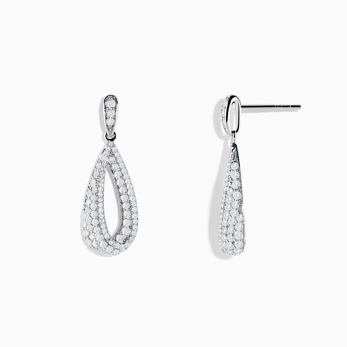 The Pave Classica 14K White Gold Diamond Drop Earrings feature elegant, teardrop-shaped drops encrusted with sparkling white diamonds, set in polished 14K white gold and displayed against a plain white background.