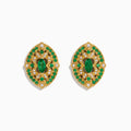 14K yellow gold Art Deco stud earrings featuring emeralds and diamonds with intricate filigree and a central marquise-cut emerald, shown on a white background.