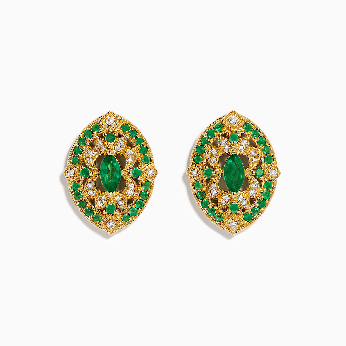14K yellow gold Art Deco stud earrings featuring emeralds and diamonds with intricate filigree and a central marquise-cut emerald, shown on a white background.