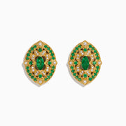 14K yellow gold Art Deco stud earrings featuring emeralds and diamonds with intricate filigree and a central marquise-cut emerald, shown on a white background.