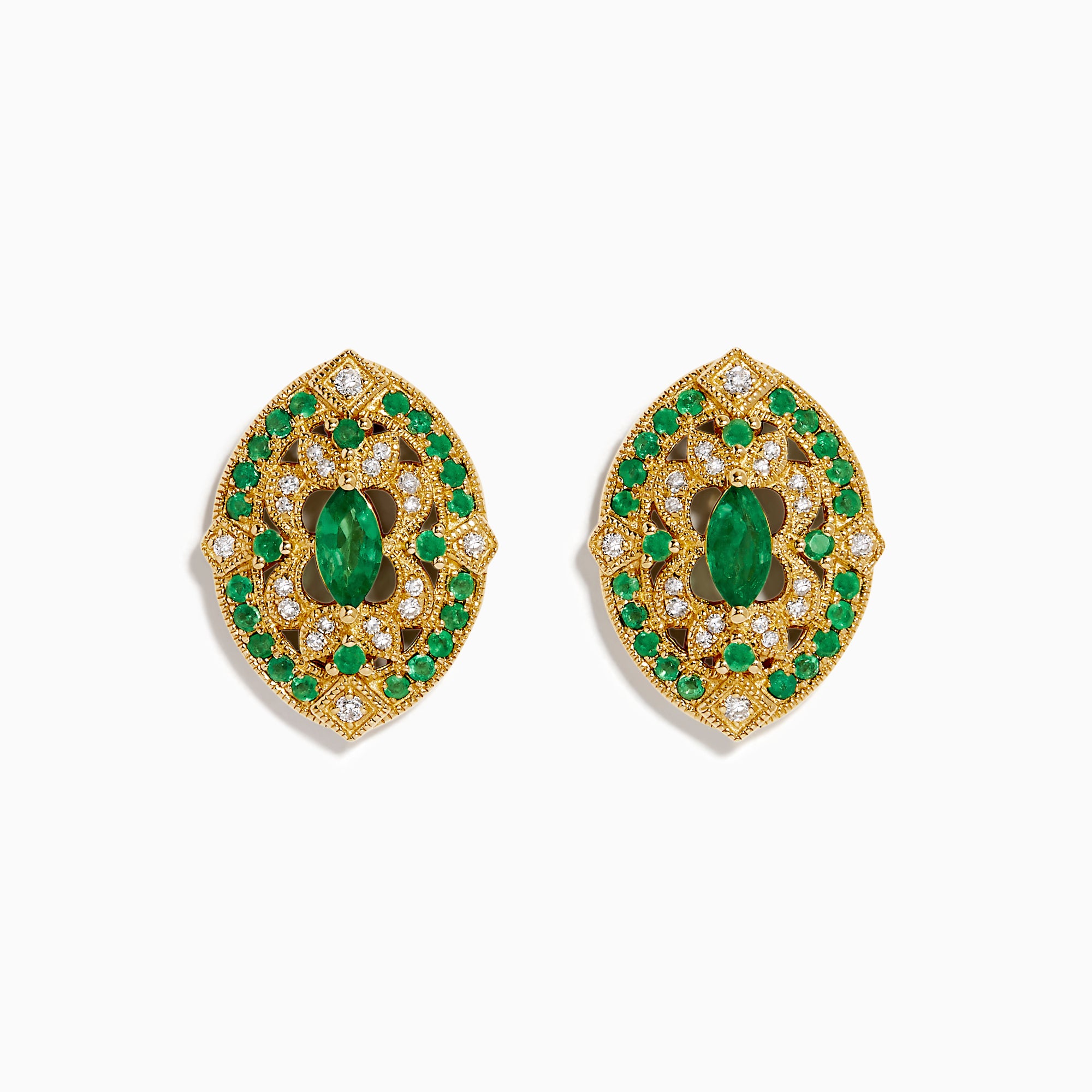 14K yellow gold Art Deco stud earrings featuring emeralds and diamonds with intricate filigree and a central marquise-cut emerald, shown on a white background.