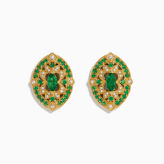 14K yellow gold Art Deco stud earrings featuring emeralds and diamonds with intricate filigree and a central marquise-cut emerald, shown on a white background.