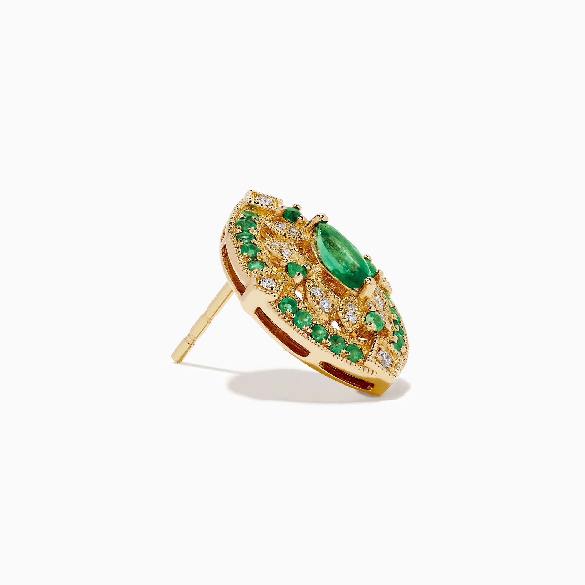 14K yellow gold Art Deco stud earrings featuring emeralds and diamonds with intricate filigree and a central marquise-cut emerald, shown on a white background.