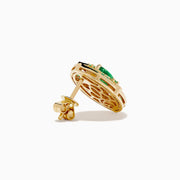 14K yellow gold Art Deco stud earrings featuring emeralds and diamonds with intricate filigree and a central marquise-cut emerald, shown on a white background.