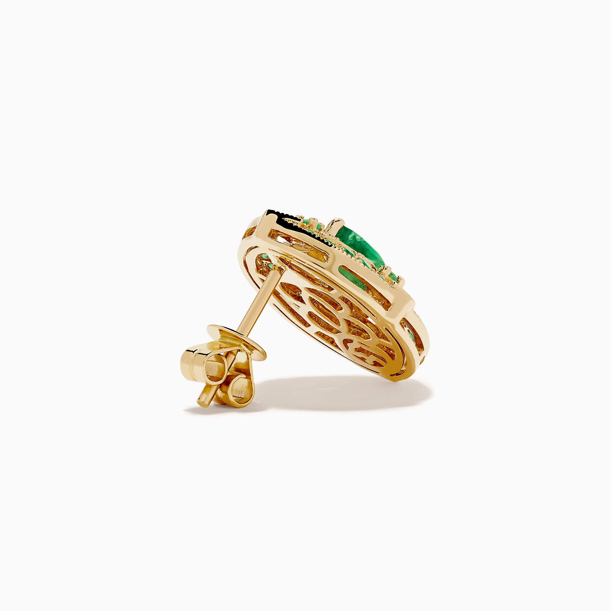 14K yellow gold Art Deco stud earrings featuring emeralds and diamonds with intricate filigree and a central marquise-cut emerald, shown on a white background.